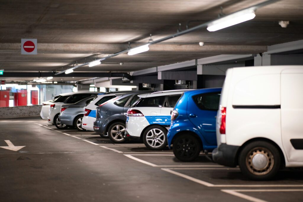 Vehicles parked in a commercial lot